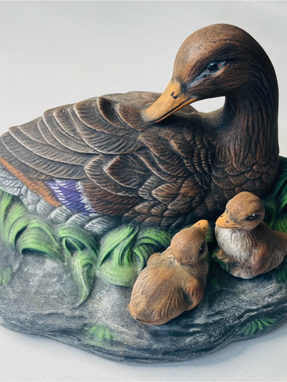 Vintage Handpainted Brown Duck Figurine with Ducklings - Decorative Home Accent